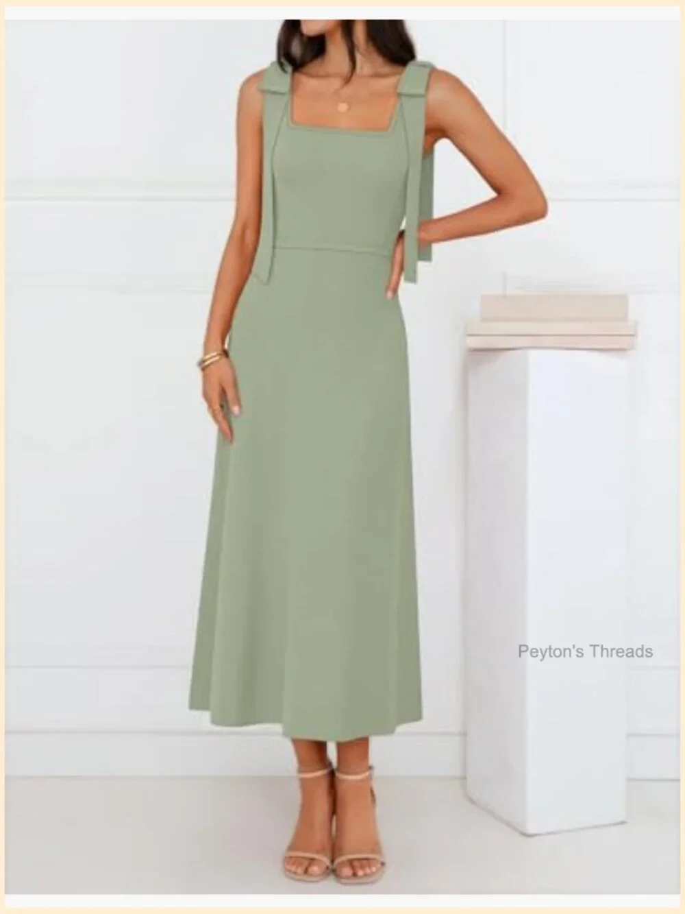 Sleeveless Square Neck Bow Straps Midi Sweater Dress for Wedding Guest Vacation - Picture 4 of 7